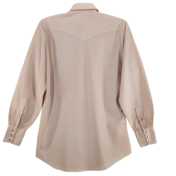 COPY Vtg H Bar C Shirt Men 15 1/2 Long Tail Slim Pearl Snap Tan Dacron Polyester - Picture 7 of 12